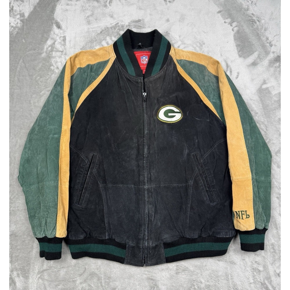 Vintage 90s Green Bay Packers Suede Bomber Jacket Mens XL Leather Logo NFL Y2K